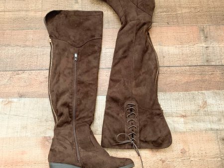 Forever Chocolate Gold Back Zipper Detail Tie Side With Side Zip Knee High Boots- Size 7 Discount