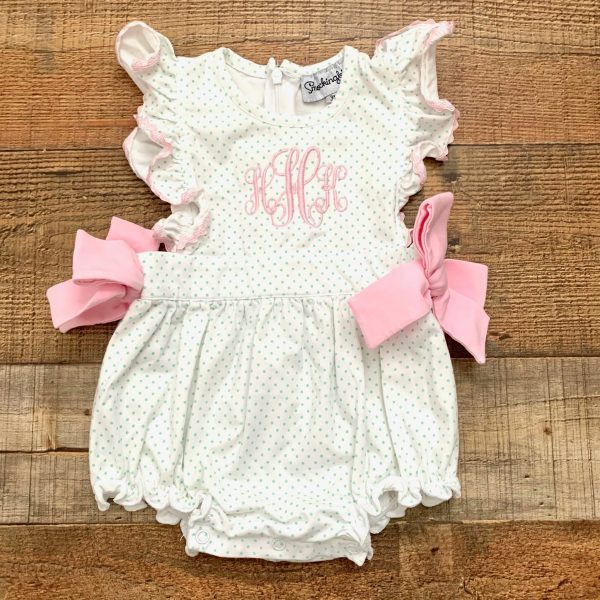 Smockingbird Polka Dot Side Bow Embroidered  HHK  Romper- Size 3M Supply