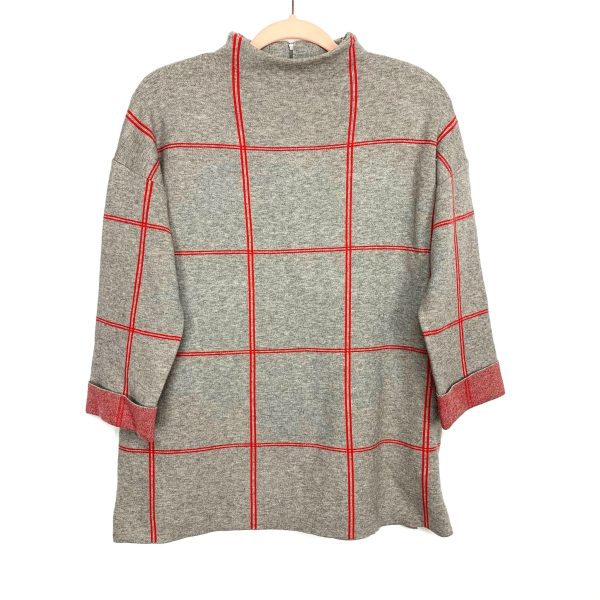 Tahari Grey and Red Grid Mock Neck Sweater with Zipper Back- Size M Supply