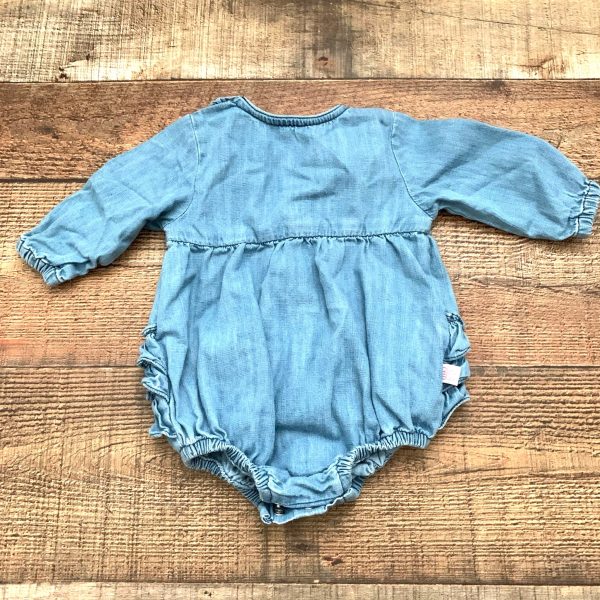 Ruffle Butts Baby Girl Chambray Long Sleeve Romper- Size 0-3M Online now