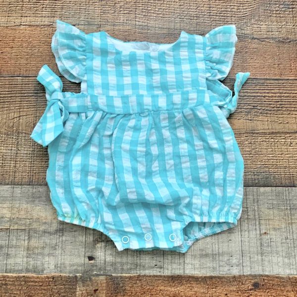 Three Sisters Blue and White Check Side Bow Romper- Size 3M Sale