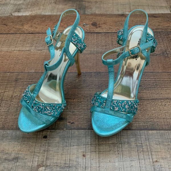 Beauty Heel Turquoise Glitter Strap Platform Stilettos- Size 8.5 (LIKE NEW) For Sale