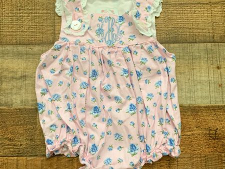 C&L Pink and Blue Floral Print Embroidered  HHM  Bubble Romper- Size 3M Online Hot Sale