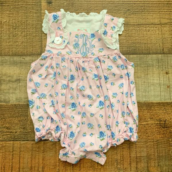 C&L Pink and Blue Floral Print Embroidered  HHM  Bubble Romper- Size 3M Online Hot Sale