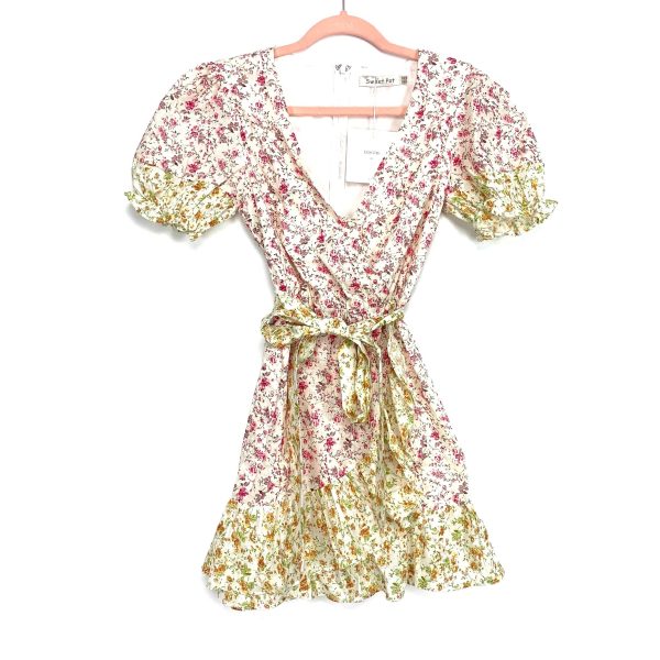 Sweet Pot Cream Floral Print Linen Like Faux Wrap Belted Dress NWT- Size 4 Online Sale