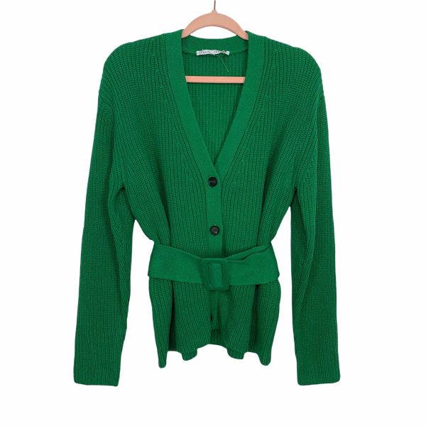 English Factory Green Button Up Belted Sweater Cardigan- Size M For Cheap