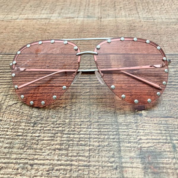 No Brand Silver Frame Pink Lens With Silver Studs Sunglasses For Discount