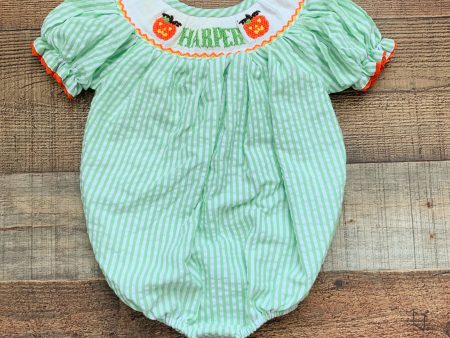 Poppy Kids Co White Green Striped Pumpkin  Harper  Bubble Romper- Size 3M For Cheap