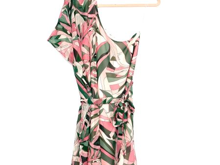 Show Me Your Mumu Pink Green One Shoulder Bat Wing Sleeve Belted Dress NWT- Size XS Hot on Sale