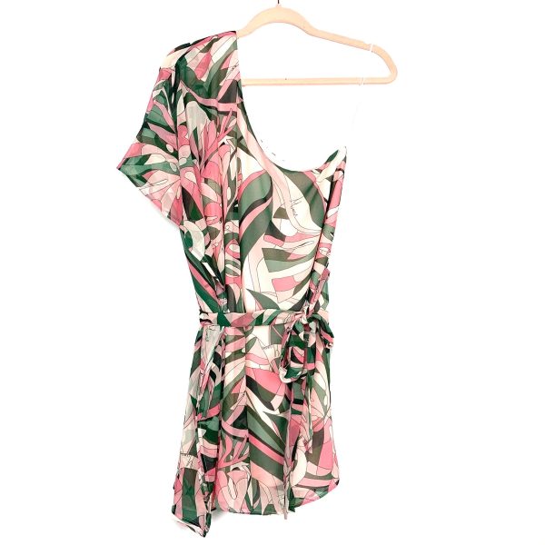 Show Me Your Mumu Pink Green One Shoulder Bat Wing Sleeve Belted Dress NWT- Size XS Hot on Sale