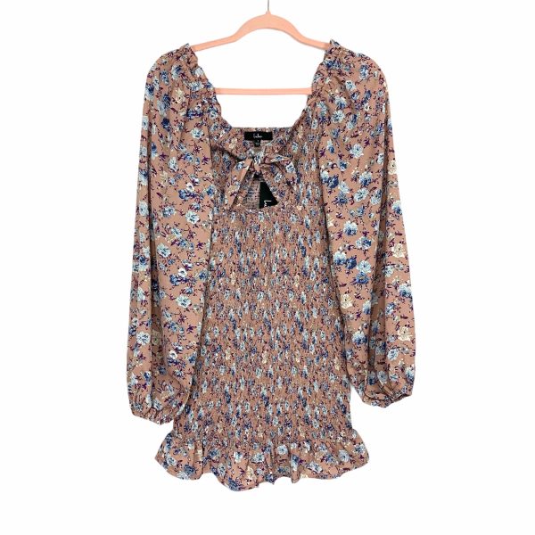 Lulus See Me Bloom Taupe Floral Print Smocked Long Sleeve Dress NWT- Size S Cheap