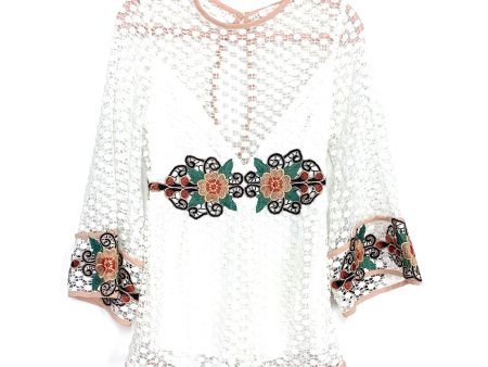 Luxxel White Crochet and Embroidered Bell Sleeve Romper- Size M Fashion