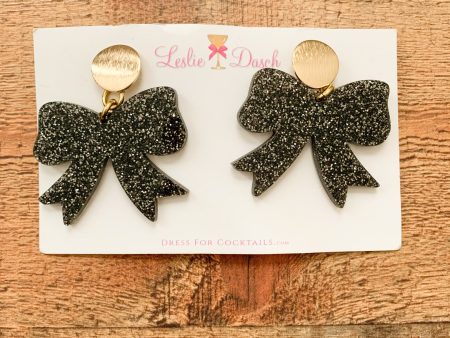 Dress For Cocktails by Leslie Dasch Black Sparkle Bow Earrings NWT For Cheap