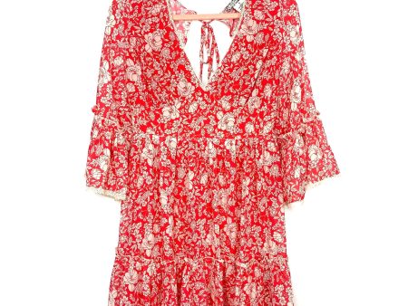 A. Calin By Flying Tomato Red Cream Floral Pattern Sheer Bell Sleeve Open Back Tie Closure Dress- Size M Sale