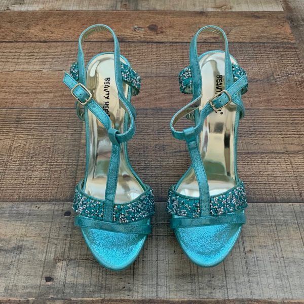 Beauty Heel Turquoise Glitter Strap Platform Stilettos- Size 8.5 (LIKE NEW) For Sale