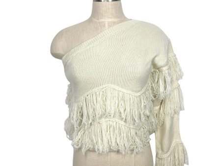 Jess Crum By Hazel And Olive Cream One Shoulder Fringe Sweater- Size M on Sale