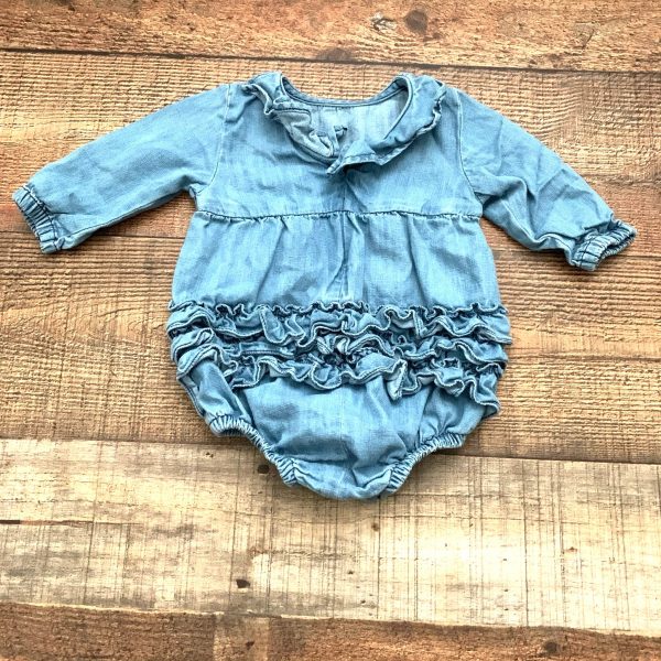 Ruffle Butts Baby Girl Chambray Long Sleeve Romper- Size 0-3M Online now