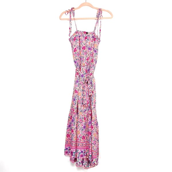 No Brand Pink Floral Print Shoulder Tie Belted Dress- Size S Fashion