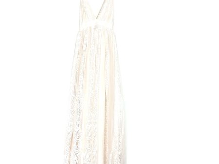 Aakaa Off White Lace Plunging V-Neckline Low Back Criss Cross Straps Maxi Dress- Size M on Sale