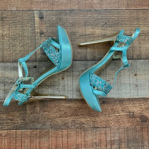 Beauty Heel Turquoise Glitter Strap Platform Stilettos- Size 8.5 (LIKE NEW) For Sale