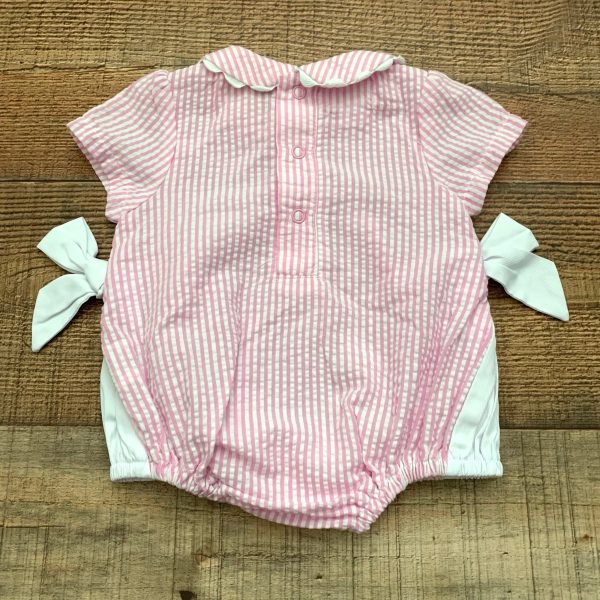 Mudpie Pink Seersucker Side Bow Romper- Size 0-3M Online now