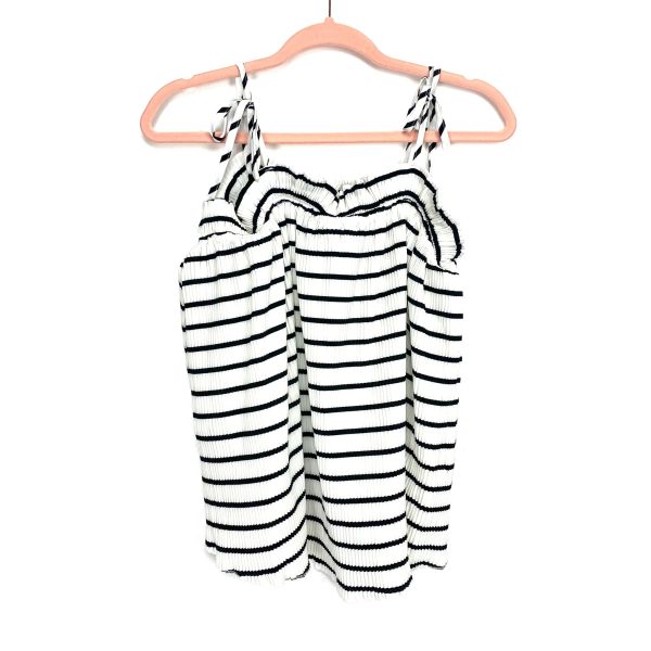 Pink Lily White Black Striped Shoulder Tie Pleated Tank Top- Size S Online Hot Sale