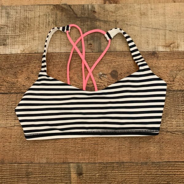 Lululemon Ivory Black Striped Hot Pink Criss Cross Back Sports Bra- Size 8 Hot on Sale