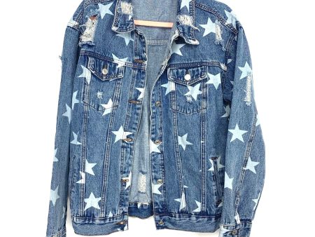 Kellparker Star Print Distressed Denim Jacket- Size M (sold out online) For Sale