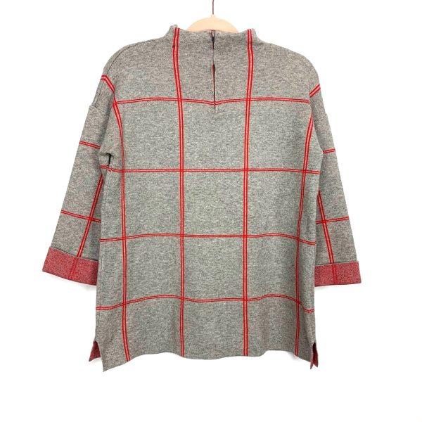 Tahari Grey and Red Grid Mock Neck Sweater with Zipper Back- Size M Supply