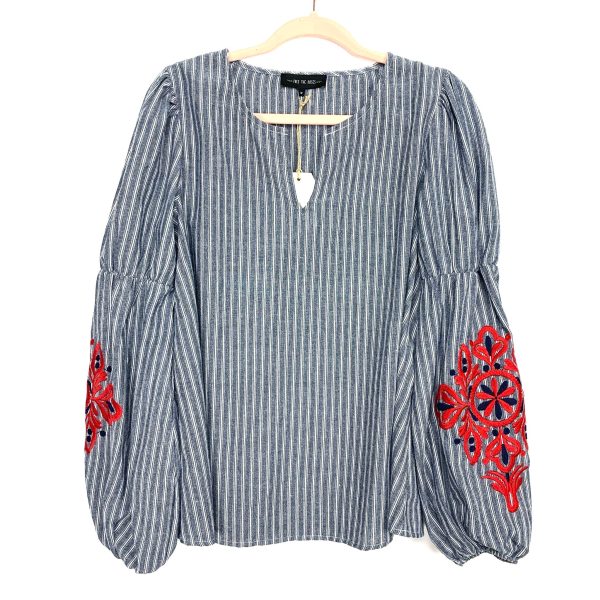 Free The Roses Blue White Striped Embroidered Sleeve Top NWT- Size M Online now