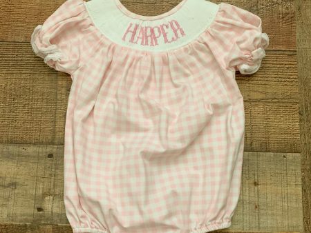 Poppy Kids Co. Pink and White Gingham Harper Smocked Bubble Romper- Size 3M For Sale