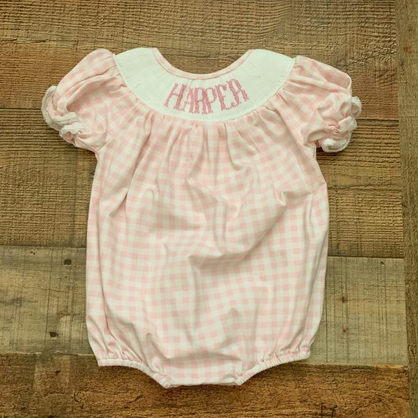 Poppy Kids Co. Pink and White Gingham Harper Smocked Bubble Romper- Size 3M For Sale