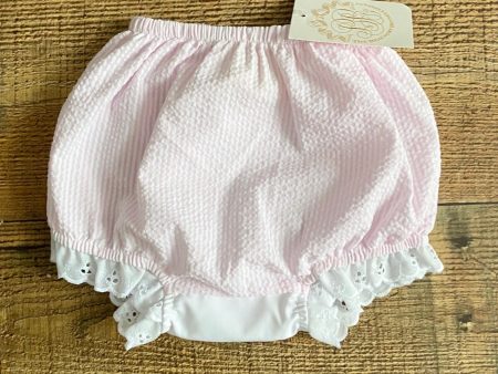 The Beaufort Bonnet Company Pink Seersucker Eyelet Scallop Trim Bloomers NWT- Size 6-12M on Sale