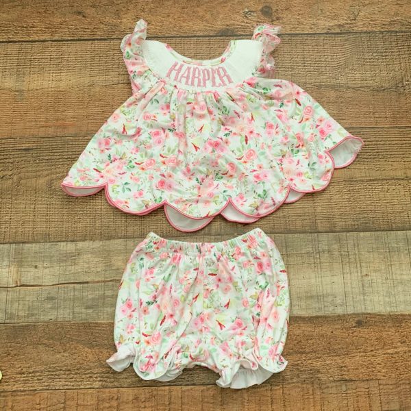 Poppy Kids Co. Floral Harper Smocked Scalloped Hem Dress with Bloomers- Size 3M (sold as a set) For Discount