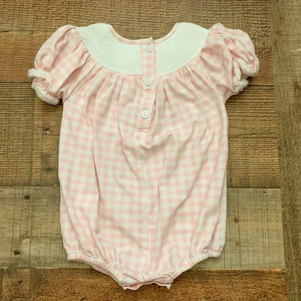 Poppy Kids Co. Pink and White Gingham Harper Smocked Bubble Romper- Size 3M For Sale