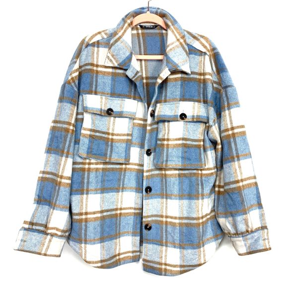 Shein Plaid Fleece Flap Pocket Button Up Overshirt- Size L For Discount