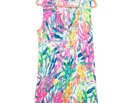 Lilly Pulitzer Neon Print Smocked Neck Gold Button Front Sleeveless Dress- Size XL Online now