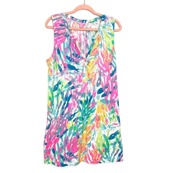 Lilly Pulitzer Neon Print Smocked Neck Gold Button Front Sleeveless Dress- Size XL Online now