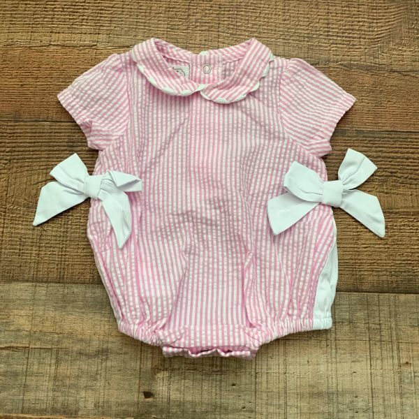 Mudpie Pink Seersucker Side Bow Romper- Size 0-3M Online now