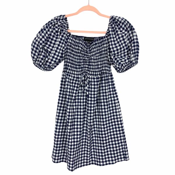 Gibson Look Navy Gingham Smocked Bodice Babydoll Dress- Size XXS For Cheap