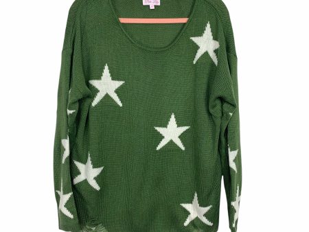 Pink Lily Olive Star Print Distressed Hem Sweater- Size M Online Hot Sale