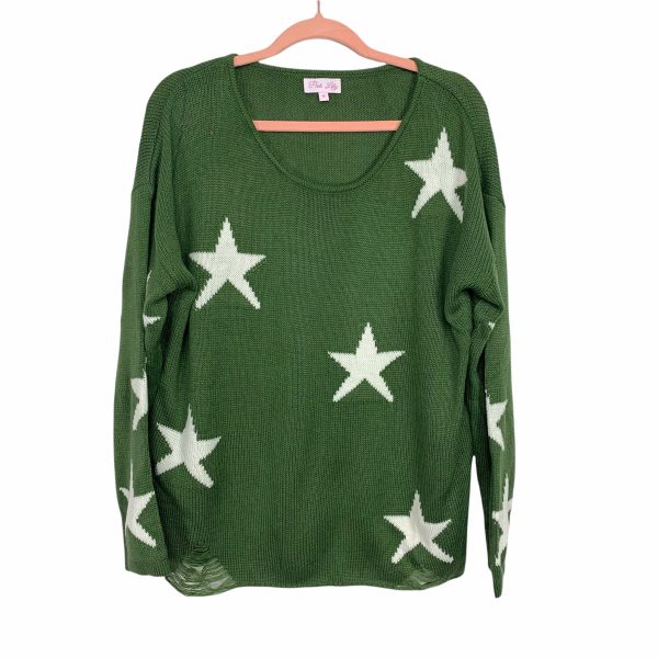 Pink Lily Olive Star Print Distressed Hem Sweater- Size M Online Hot Sale