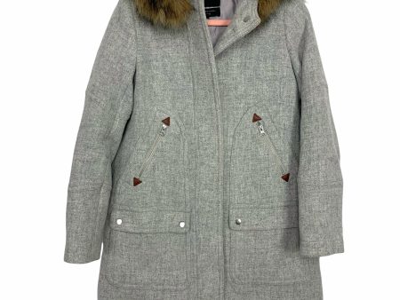 J Crew Italian Stadium Cloth By Nello Gori Heathered Grey Wool Blend Coat with Removable Faux Fur Hood- Size 2 Online now