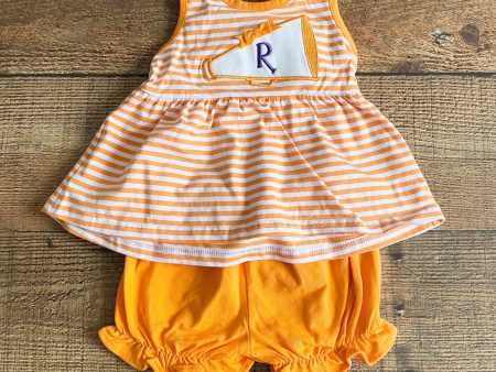 Classic Whimsy Orange and White Monogrammed  R  Cheerleader Megaphone Short Set- Size 9M on Sale