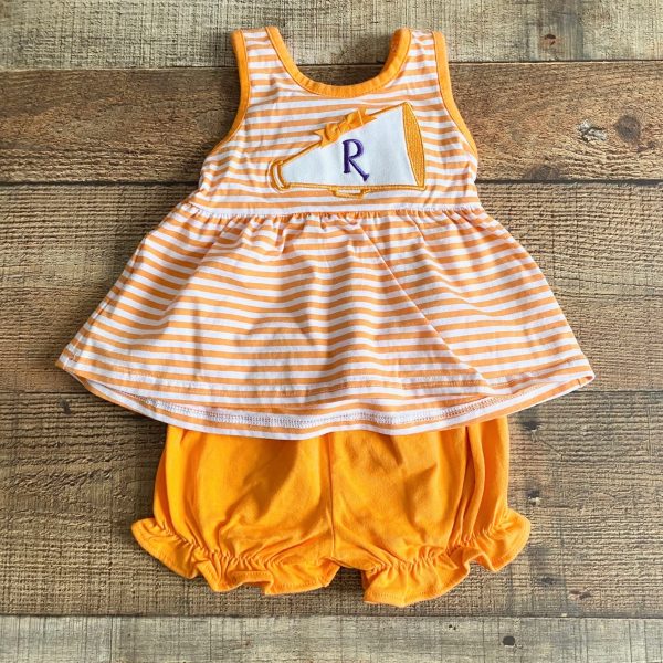 Classic Whimsy Orange and White Monogrammed  R  Cheerleader Megaphone Short Set- Size 9M on Sale