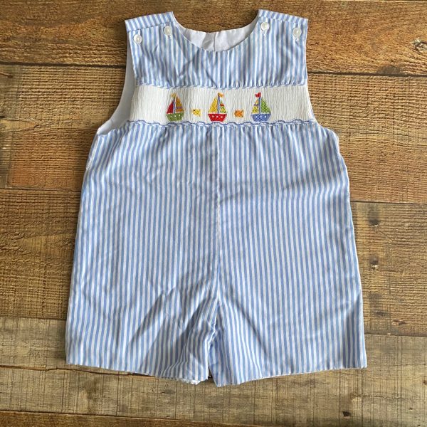 Anavini Blue and White Striped Smocked Sailboat Outfit- Size 18M Supply