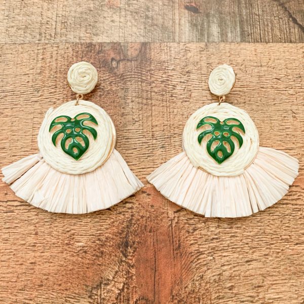 No Brand Straw Fan Earrings with Green Palm Pendant Supply