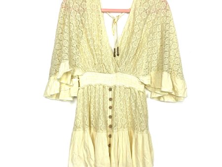 Free People Light Yellow Crochet Lace V-Neck Button Detail Romper (looks like a dress!) NWT- Size S For Cheap