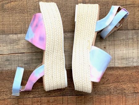 Qupid Pink Blue Purple Tie Die Espadrille Platform Sandals- Size 7 (Like New) Online now