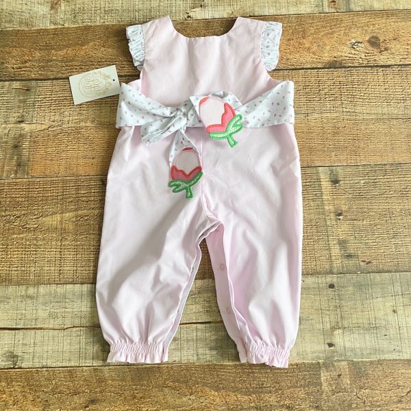 The Beaufort Bonnet Company Pink Jumpsuit with Ruffle Strawberry Trim and Back Bow NWT- Size 0-6M Cheap